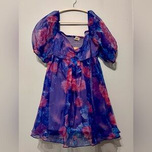 Lace & Beads Puff Sleeve Organza Floral Mini Dress | US 14 (UK 18) NWT